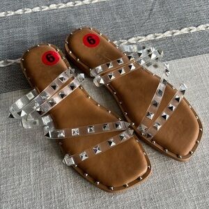 NEW Nicole Miller Coralinne Studded Sandals Square Toe Clear Straps